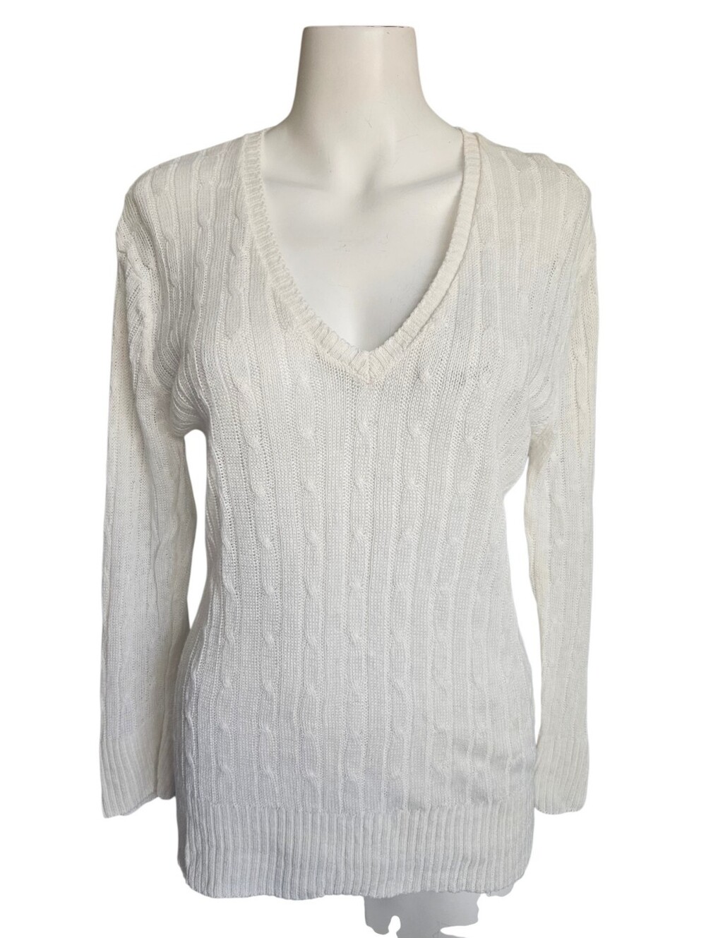 Tweeds Vintage V-Neck Cable Knit Linen Sweater Ivory/Cream Sz Med Fall Preppy